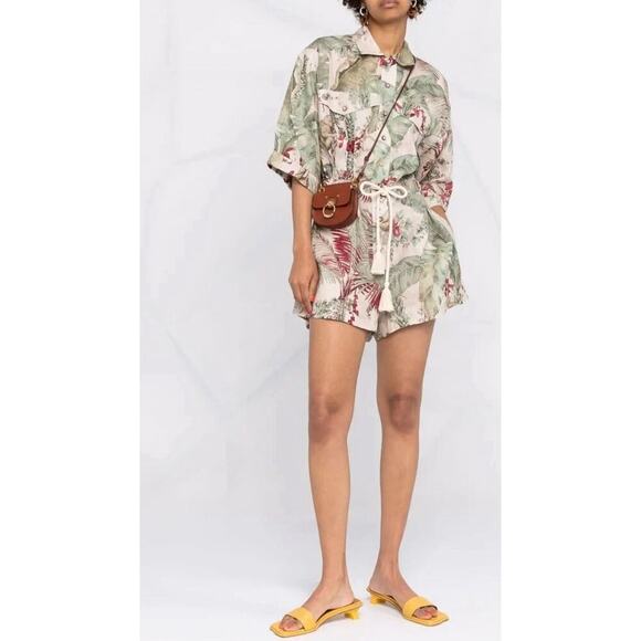 ZIMMERMANN Cassia Jungle Print Drawstring Linen Playsuit Button Romper AU 1 US 6 - Picture 6 of 16